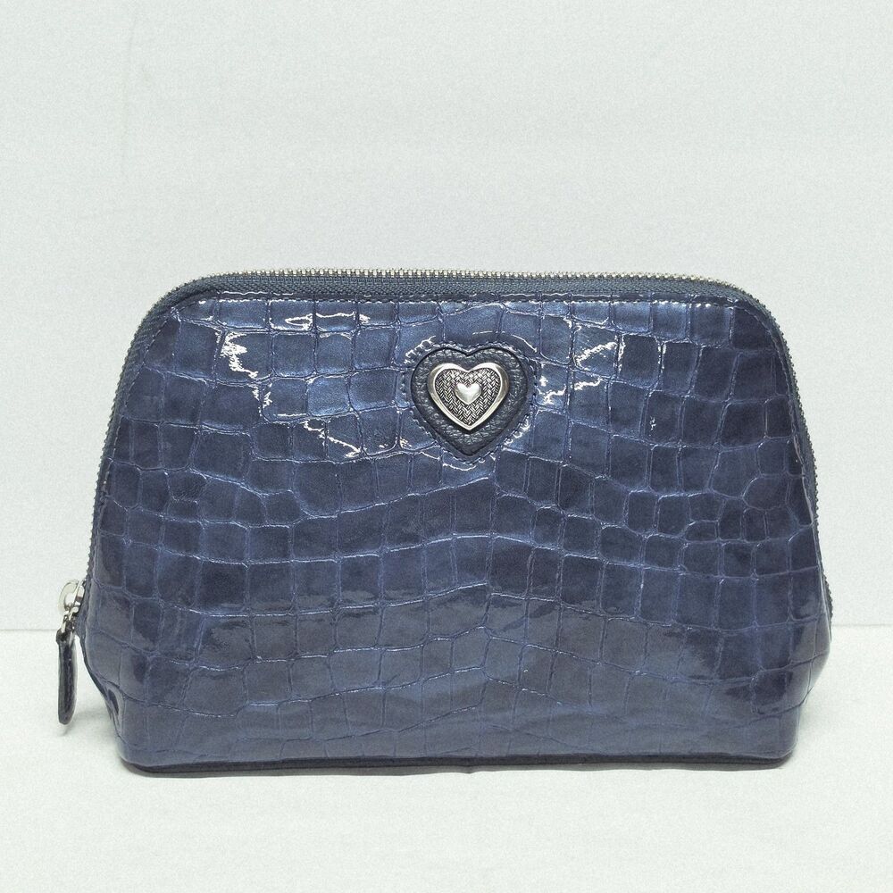 Brighton Bellissimo Heart Croc Print Blue Patent Leather Cosmetic Bag Pouch